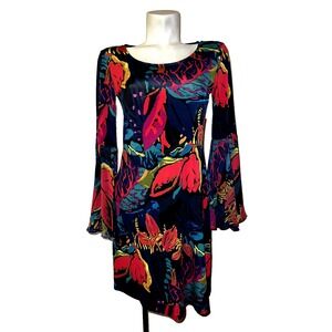 Prelude Floral Print Bell Sleeve Cocktail‎ Party Dress Blue Red Yellow Women's S